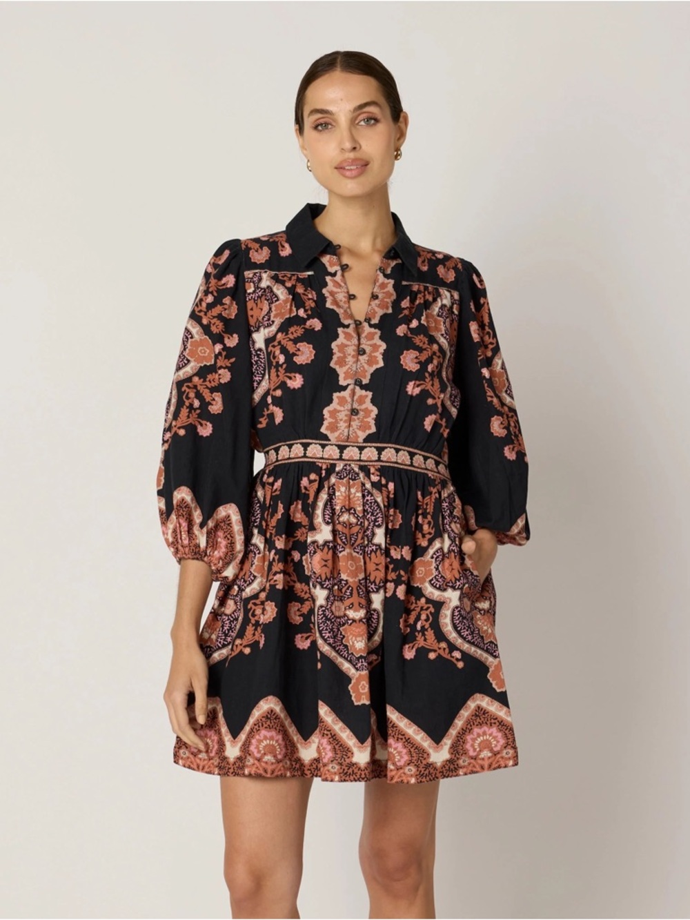 Cleobella Leigh Mini Dress Small Dark Lagos Long Sleeve - Picture 2 of 7